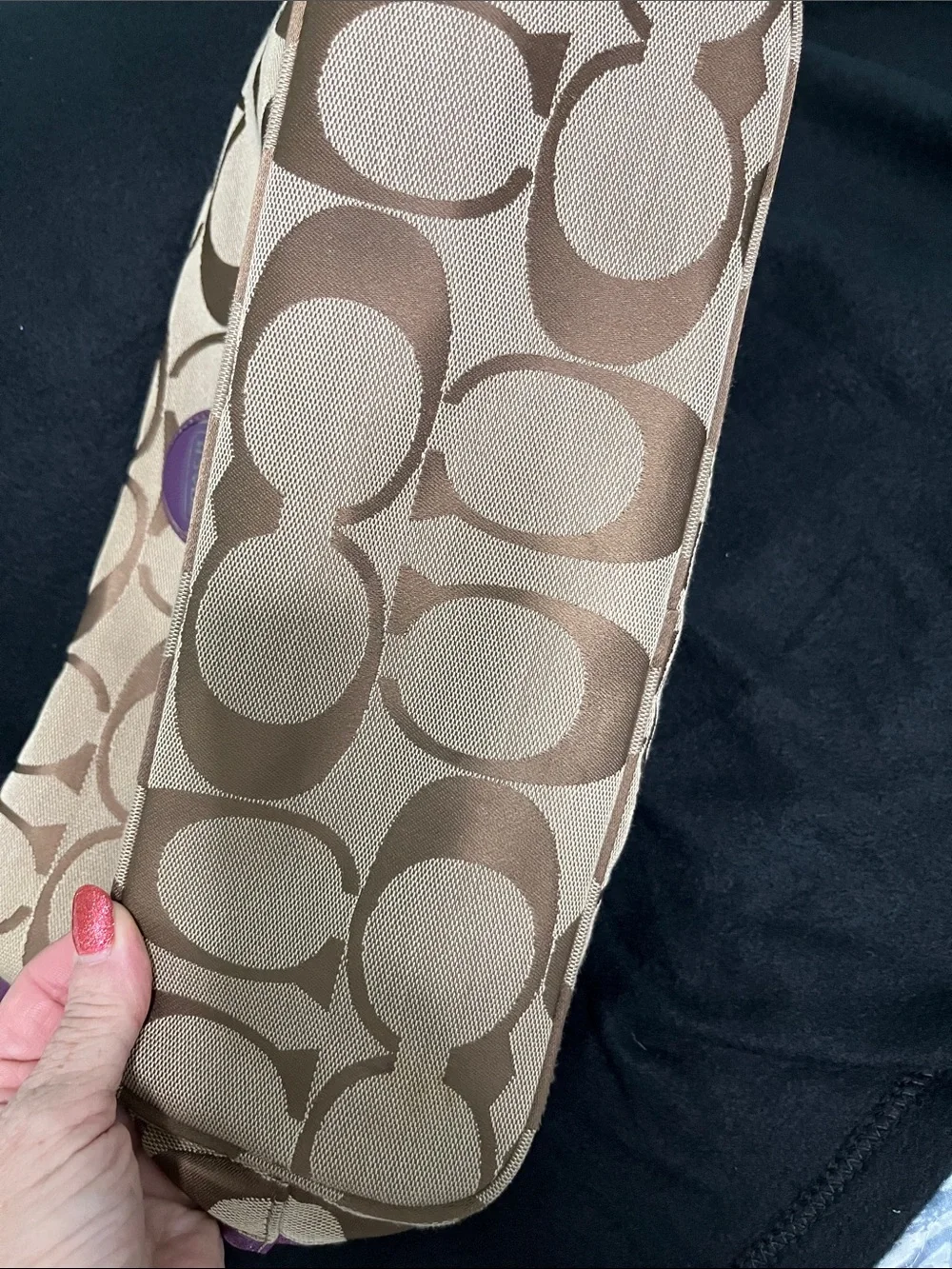 Coach Signature Canvas Shoulder Bag with Purple Trim